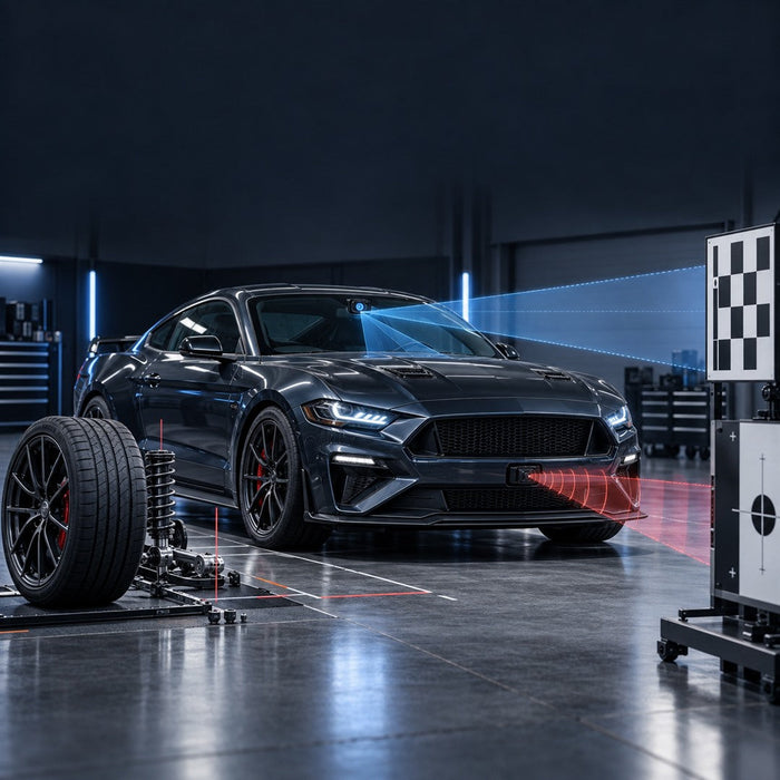 Performance car undergoing ADAS camera and radar calibration after wheel and suspension changes