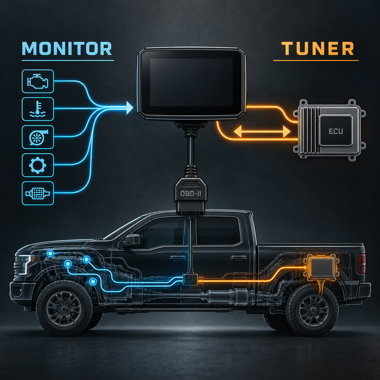 AI-generated concept diagram comparing read-only truck monitoring with ECU tuning