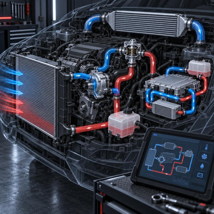 AI-generated technical illustration of an automotive thermal-management system with radiator, coolant circuits, intercooler and diagnostic tablet