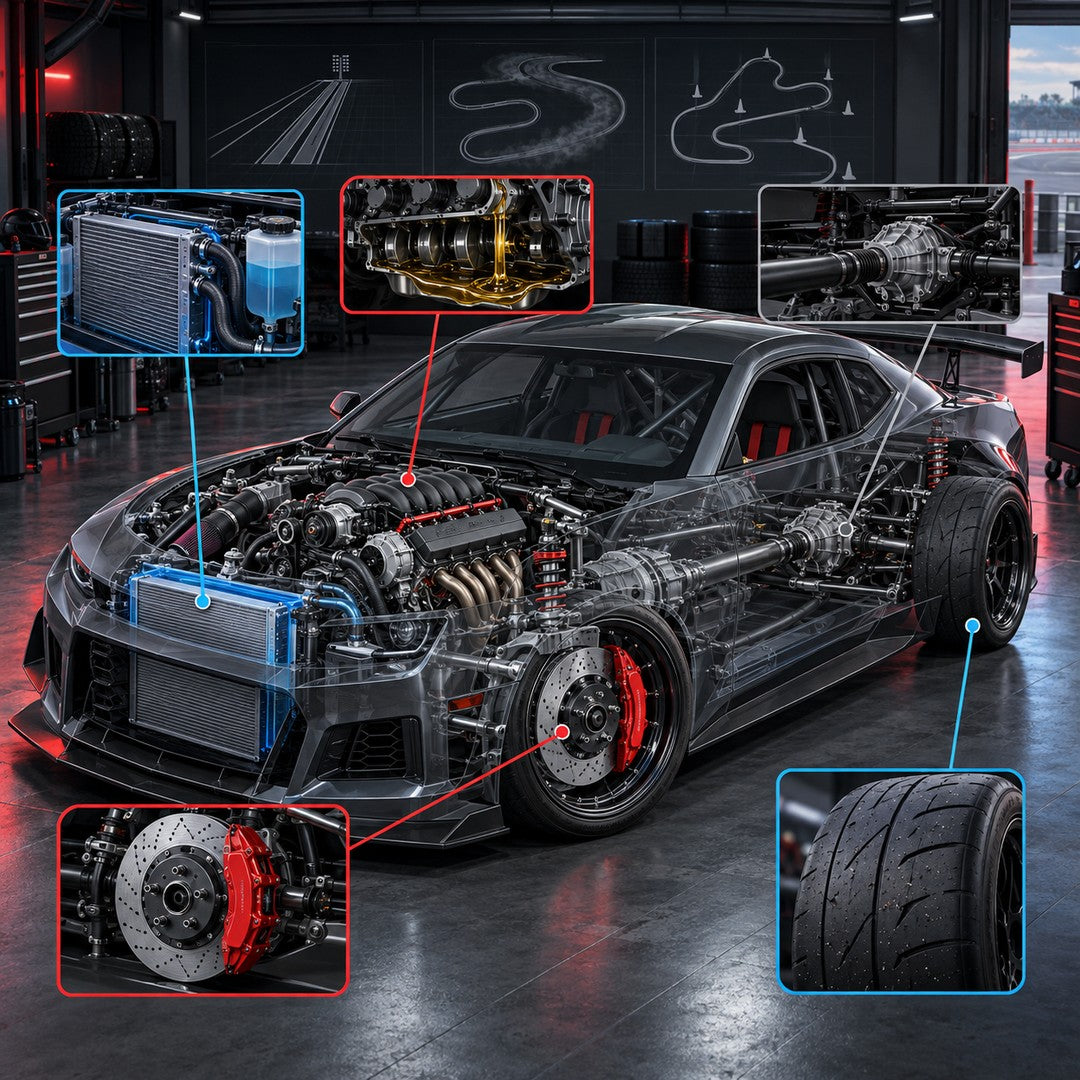 Technical illustration of an LS-powered track car highlighting cooling, oiling, driveline, brakes, and tires