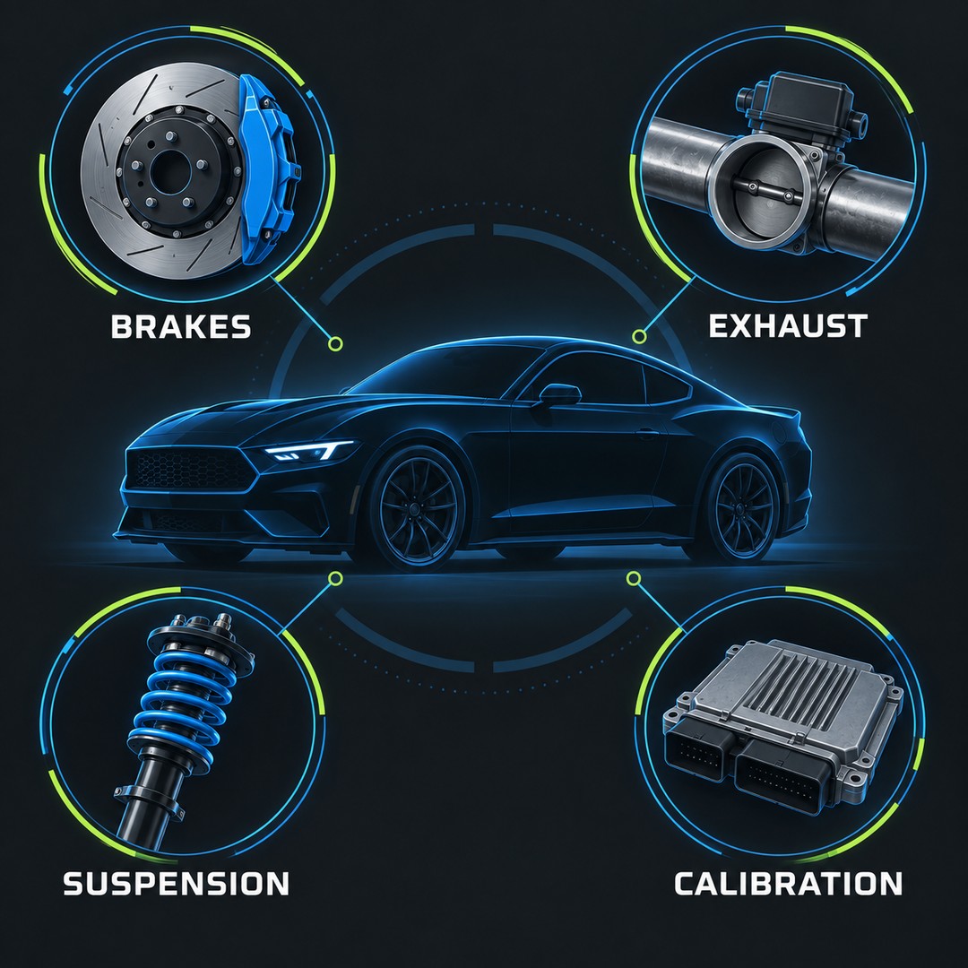 Conceptual illustration showing brake, exhaust, suspension and calibration fitment checks for a 2026 Mustang RTR
