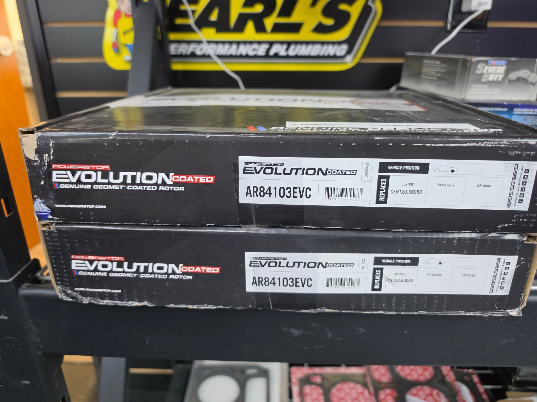 PowerStop coated front brake rotor pair illustrating brake pad and rotor bedding