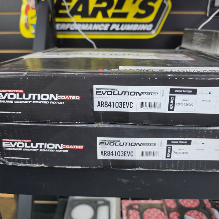 PowerStop coated front brake rotor pair illustrating brake pad and rotor bedding