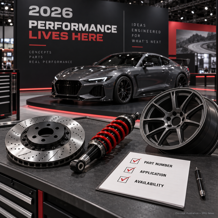 AI-generated concept illustration of performance parts and a fitment checklist, not an actual SEMA exhibit