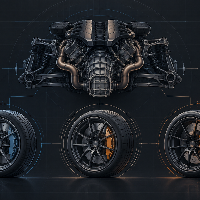 Conceptual illustration of a generic V8 drivetrain and three distinct brake-and-tire package paths; not actual Chevrolet parts or a vehicle photo