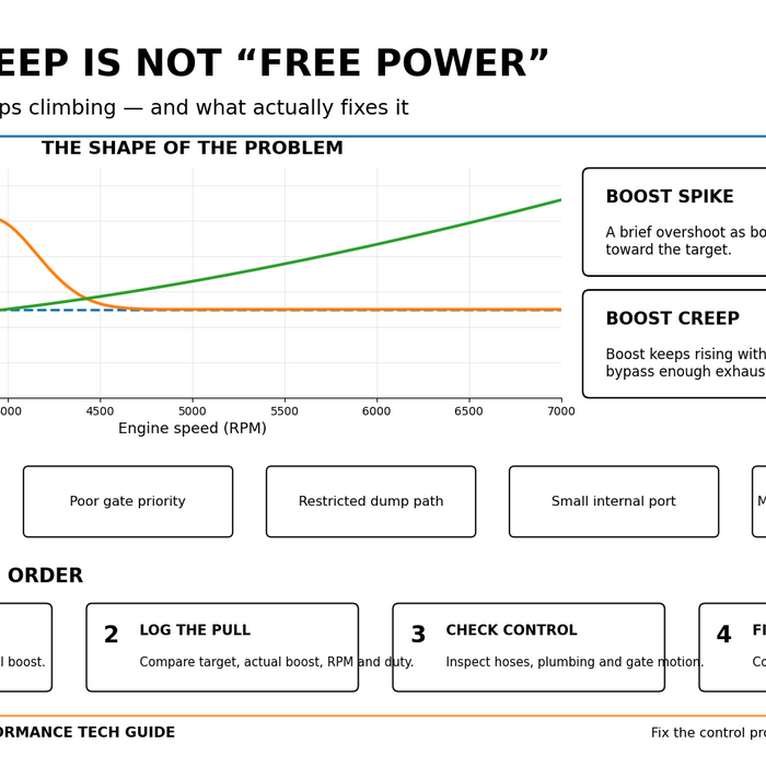 SMG Speed Shop boost creep guide comparing target boost, boost spike and boost creep with wastegate diagnostic steps