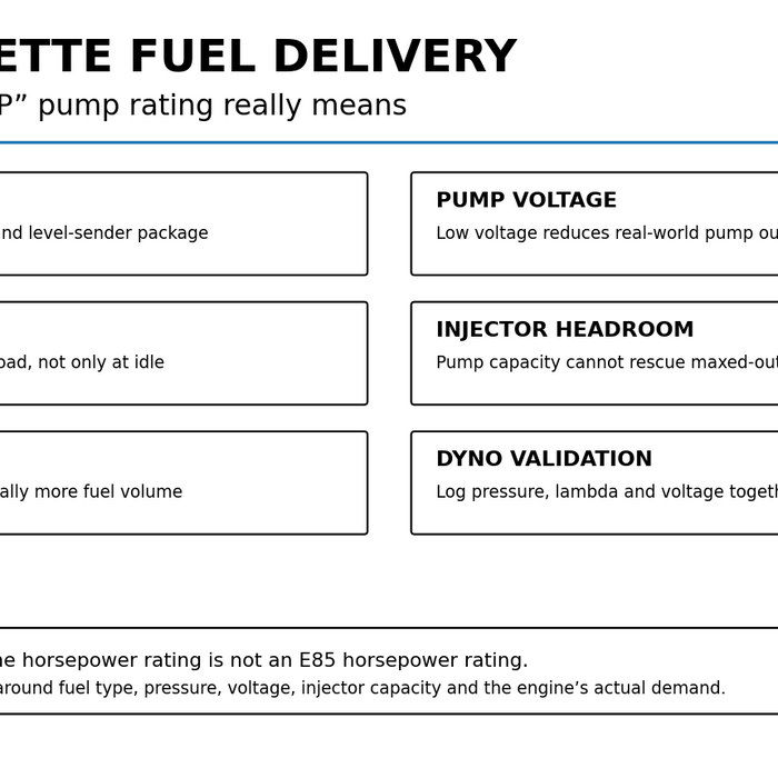 C6 Corvette DW400 fuel delivery guide showing pump voltage, fuel pressure, injector headroom and E85 demand