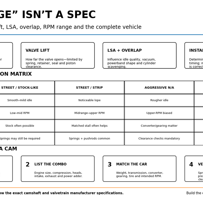 SMG Speed Shop camshaft selection guide comparing duration, lift, lobe separation, overlap, drivetrain needs and supporting parts