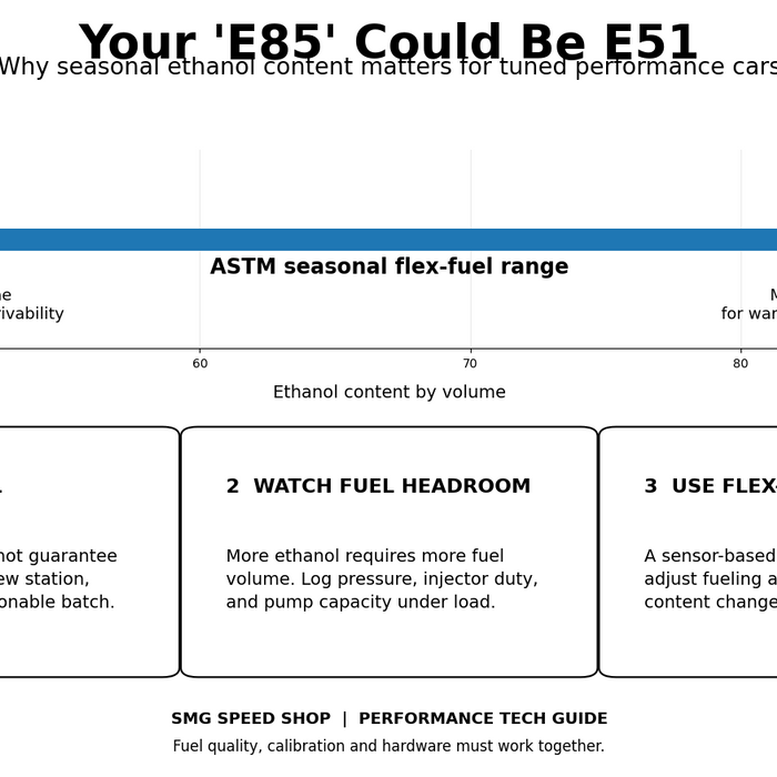 SMG Speed Shop guide showing the E51 to E83 seasonal range for E85 flex fuel