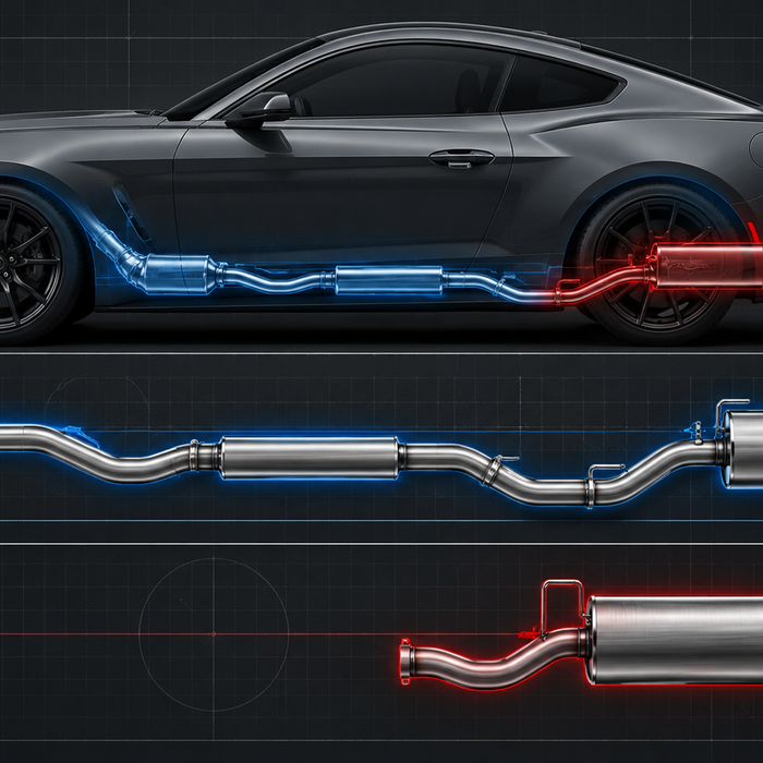 Concept diagram comparing a cat-back exhaust path with a shorter axle-back section; not a fitment drawing