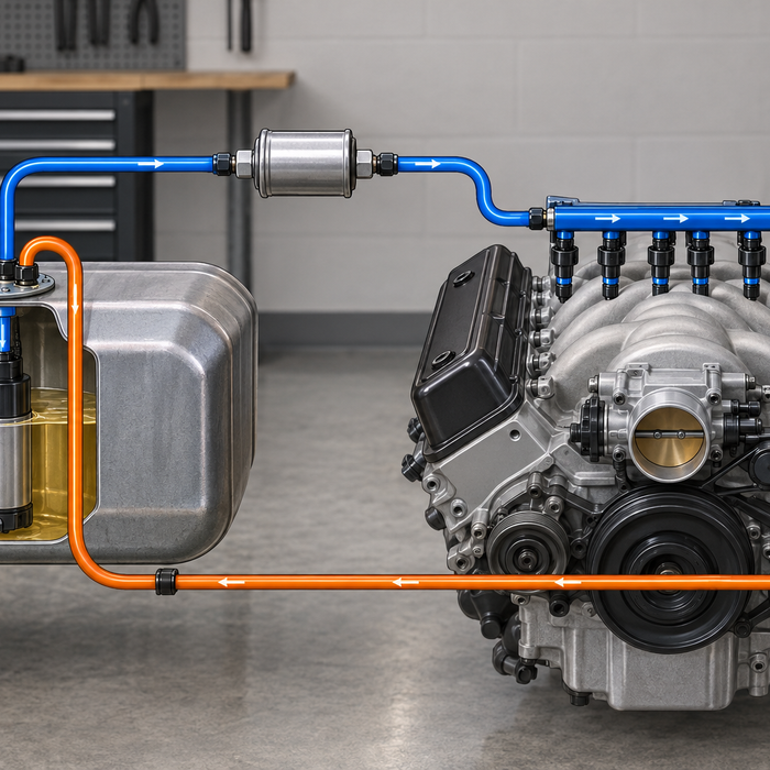 Conceptual return-style EFI fuel-system diagram showing tank, pump, filter, fuel rail, regulator, and return line
