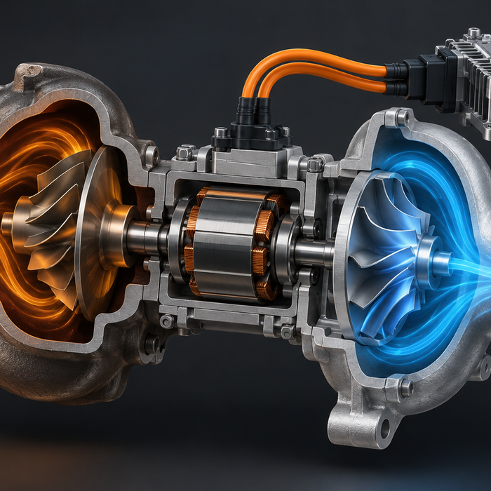Conceptual cutaway illustration of an electrified turbocharger; not BorgWarner product photography