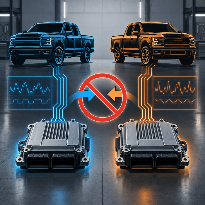 Concept illustration: separate F-150 3.5L calibration paths; not actual products