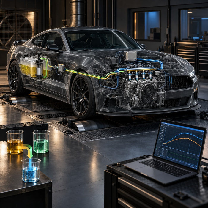 Flex-fuel performance car system showing ethanol sensor, fuel pump, injectors, ECU, and dyno data