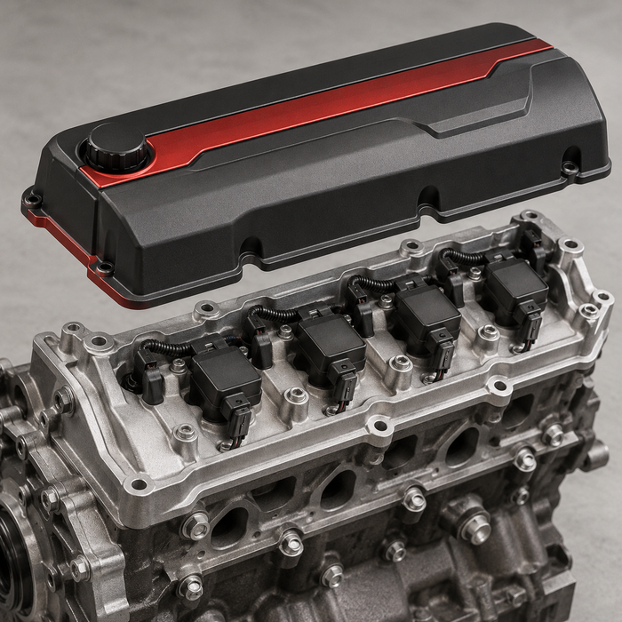Conceptual illustration of an engine valve cover with a removable outer shell above ignition coils; not a Holley product photograph