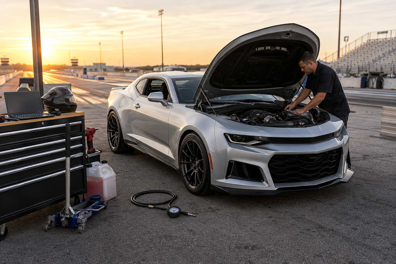 LS-powered performance car receiving a pre-event inspection at a drag strip