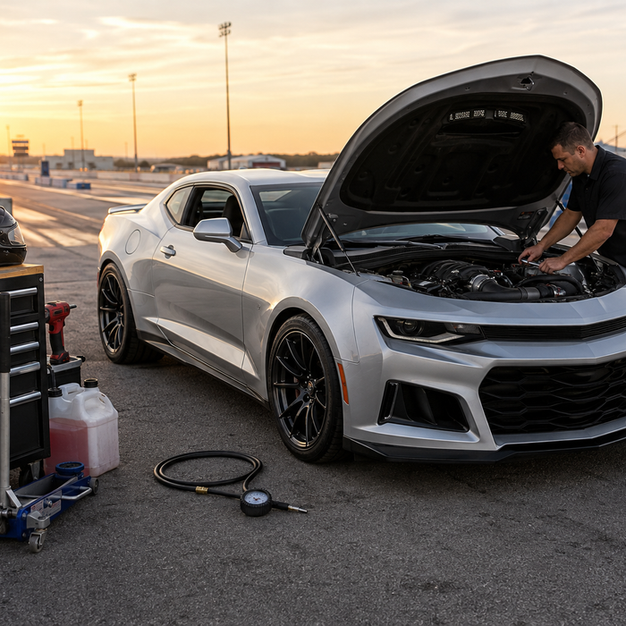 LS-powered performance car receiving a pre-event inspection at a drag strip