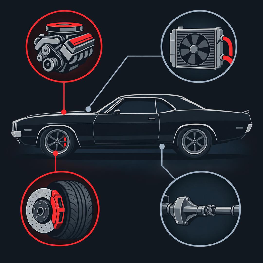 Illustrated build-planning diagram showing power, cooling, braking and tires, and driveline around a classic performance car