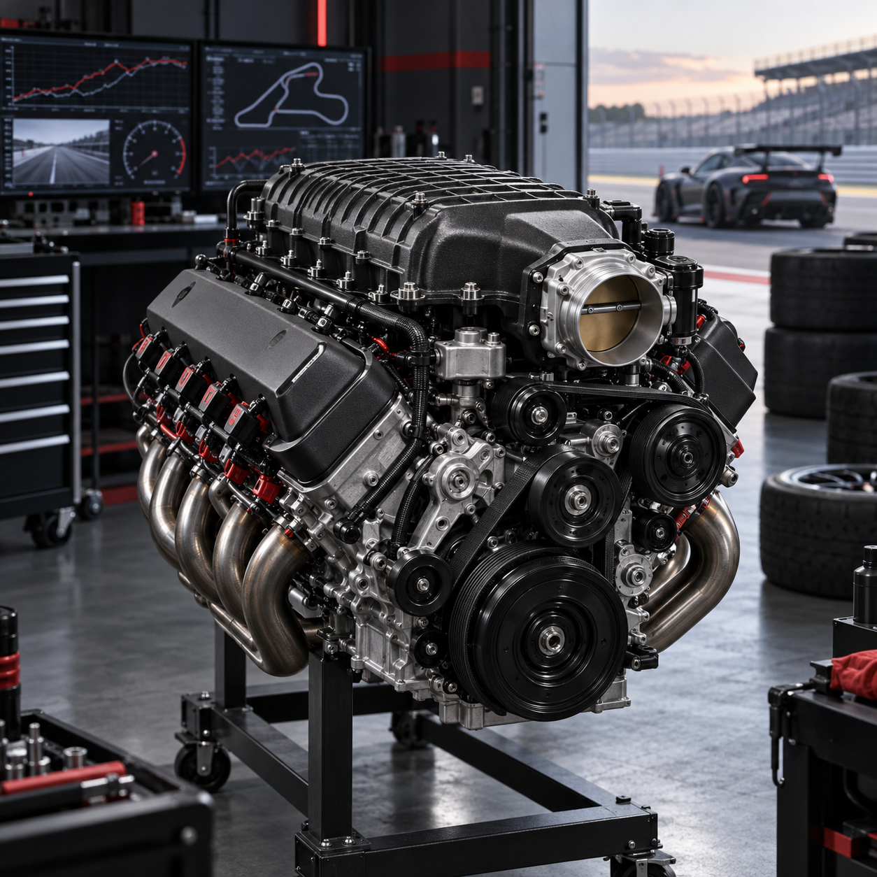Editorial illustration of a supercharged V8 performance engine in a track workshop