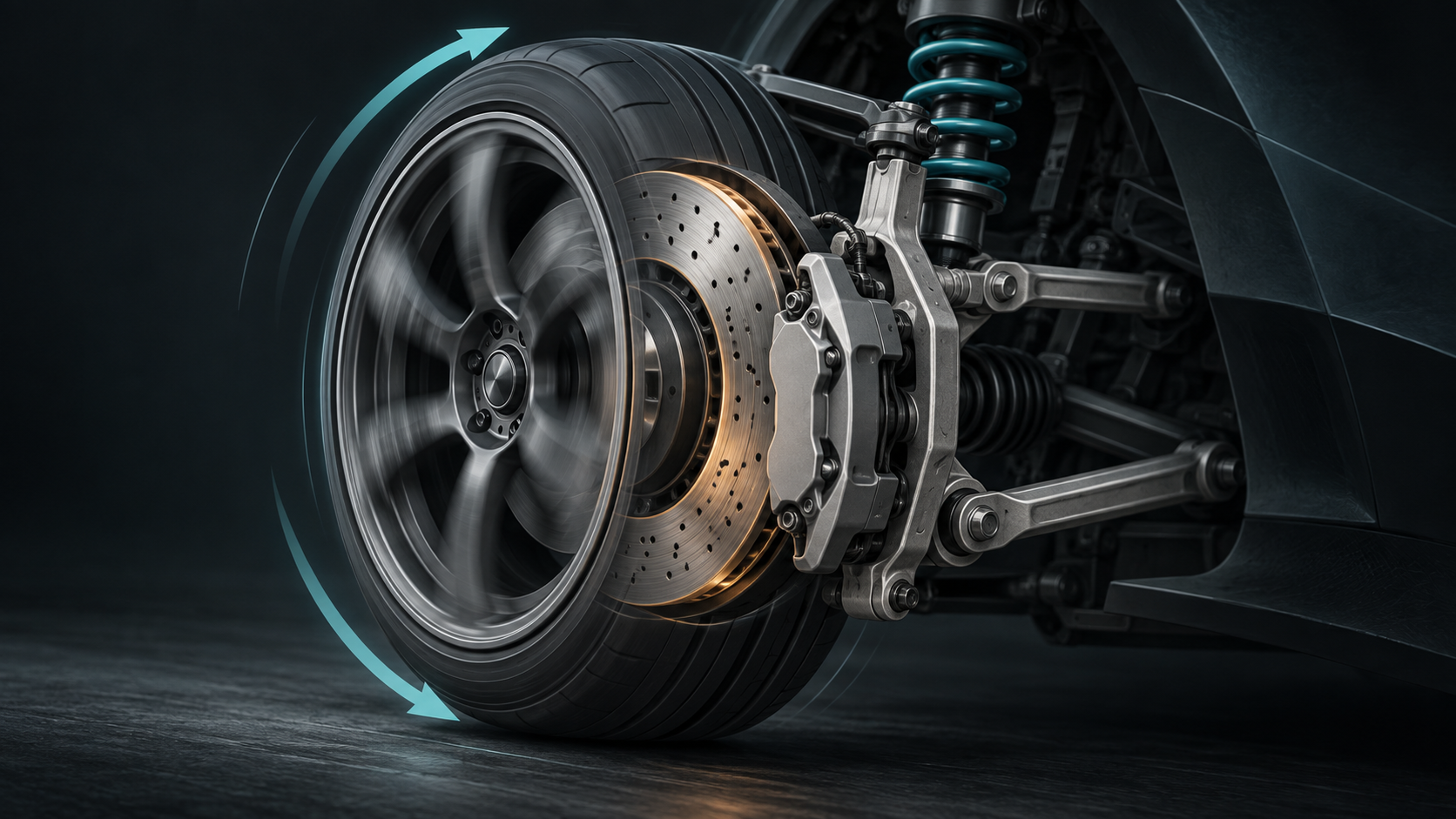 Conceptual illustration of a wheel, brake rotor and suspension components; not a product photo