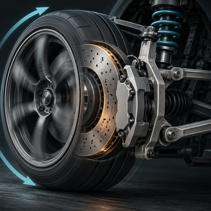 Conceptual illustration of a wheel, brake rotor and suspension components; not a product photo
