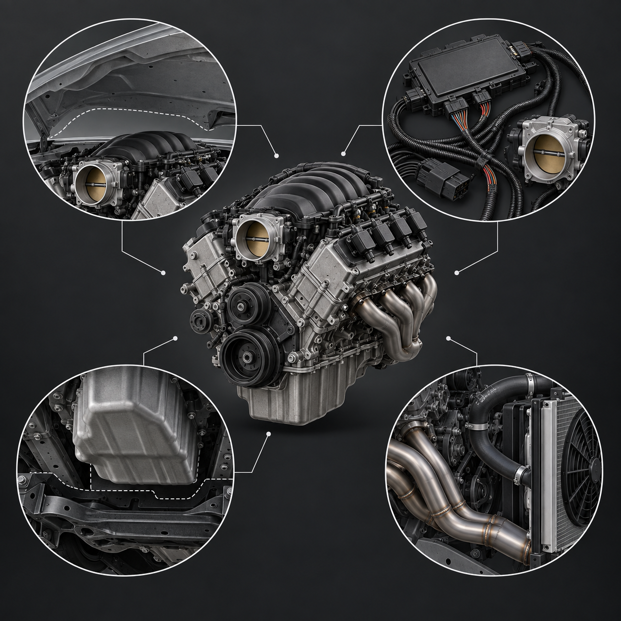 Conceptual diagram of Ford 7.3L V8 Mustang swap planning considerations