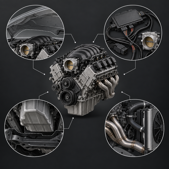 Conceptual diagram of Ford 7.3L V8 Mustang swap planning considerations