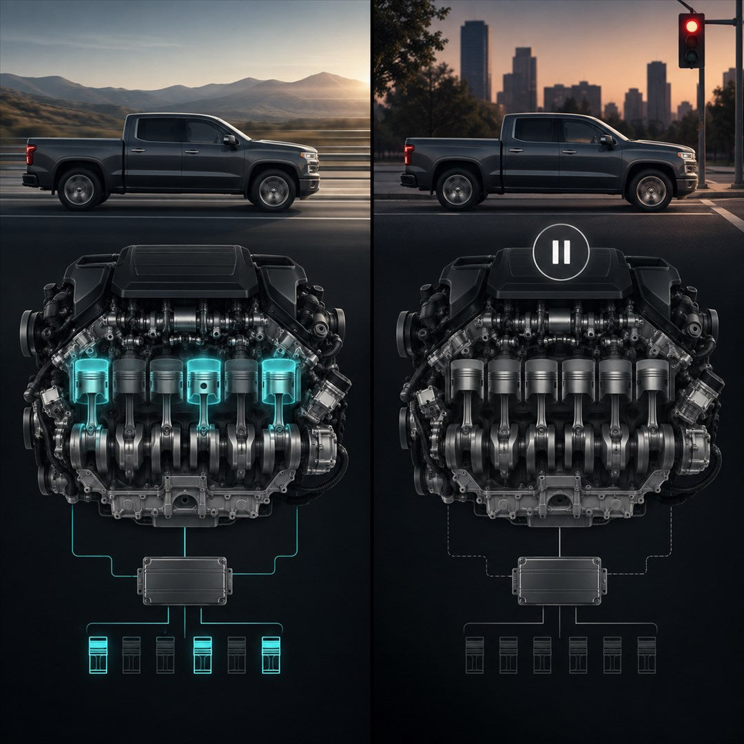 AI-generated conceptual illustration comparing a GM-style V8 pickup while cruising with a pickup stopped at a traffic light; not a product photo or wiring diagram