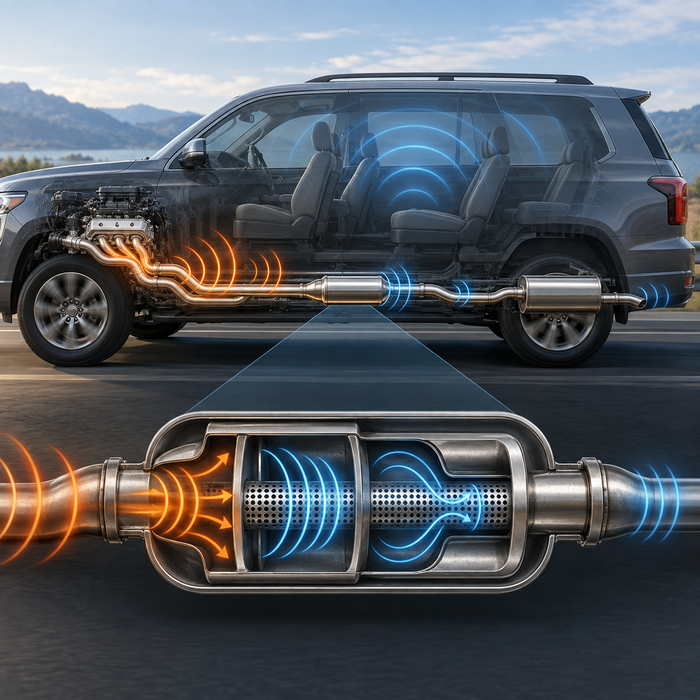 AI-generated conceptual illustration of full-size SUV exhaust acoustics; not an AWE product or installation diagram