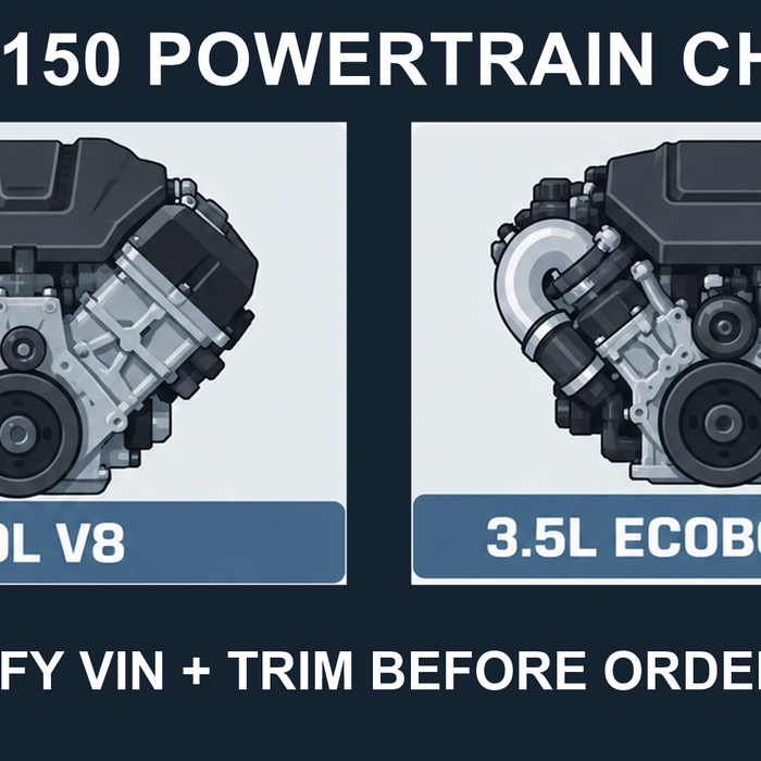 Editorial illustration comparing four announced 2027 F-150 powertrain categories; verify VIN and trim before ordering