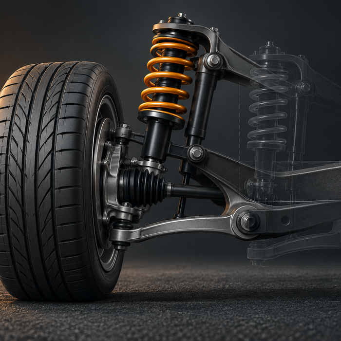 Concept illustration of a performance tire, coil spring and damper for suspension planning