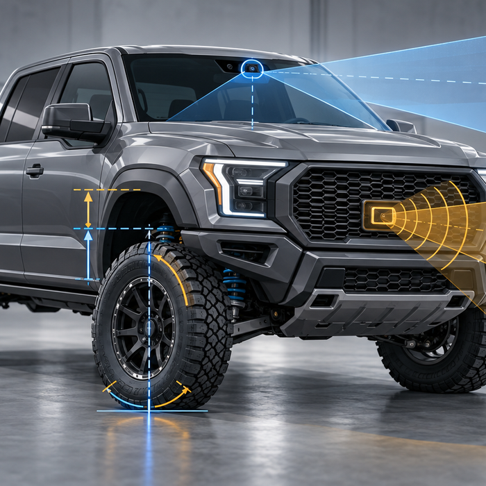 Concept diagram of a modified pickup highlighting illustrative camera, radar, tire and ride-height considerations; not a vehicle-specific calibration guide.