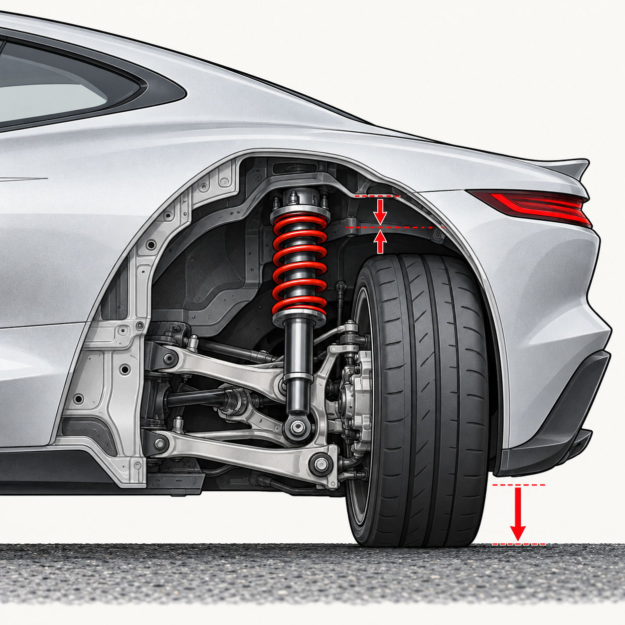 Conceptual suspension-clearance diagram showing spring, damper, tire-to-fender clearance and ride height