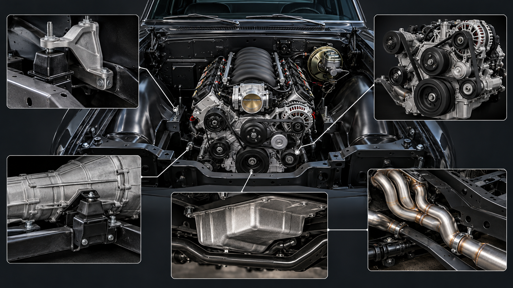 AI-generated conceptual LS swap packaging illustration showing mounts, oil pan, exhaust and accessory drive; not an actual product photo