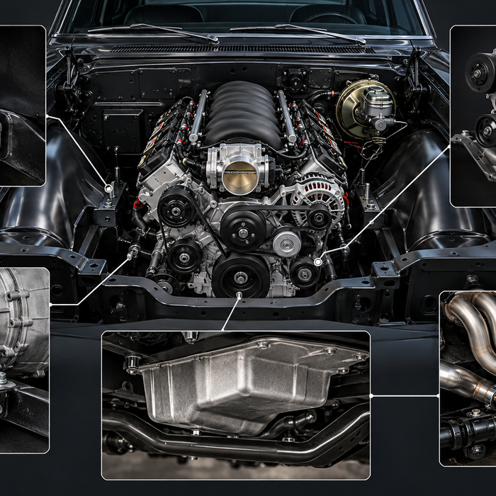 AI-generated conceptual LS swap packaging illustration showing mounts, oil pan, exhaust and accessory drive; not an actual product photo