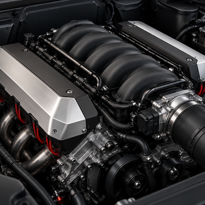 Concept illustration of a clean V8 engine bay with concealed ignition hardware; not a product photograph or fitment diagram