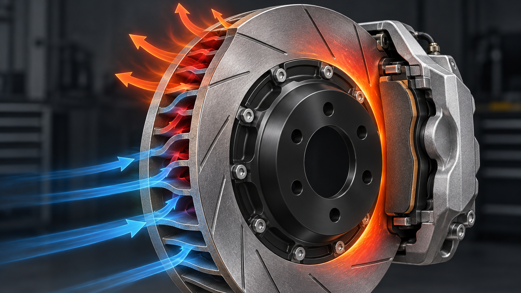 Explanatory concept diagram of a ventilated two-piece brake rotor, caliper, airflow and heat; not a DBA product photograph.