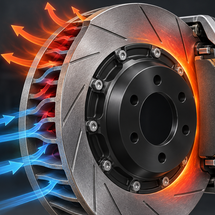 Explanatory concept diagram of a ventilated two-piece brake rotor, caliper, airflow and heat; not a DBA product photograph.