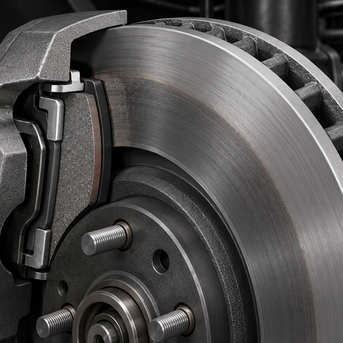 Concept illustration of a vented rotor and caliper for a brake-pad bedding explainer