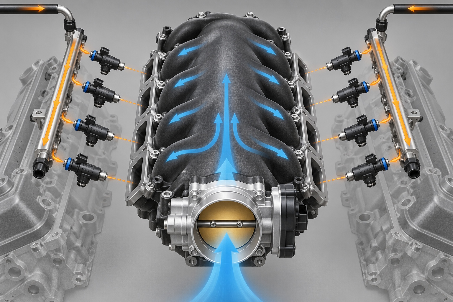 Conceptual diagram of a V8 intake manifold, throttle body, fuel rails, and injectors; not a product photograph