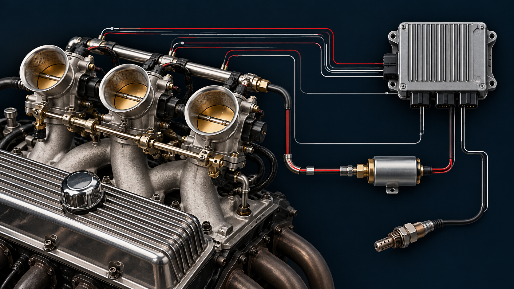 AI-generated explanatory concept of vintage-look multi-throttle EFI and remote control components; not a FiTech product photo or fitment diagram