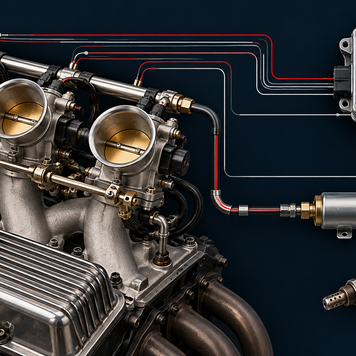 AI-generated explanatory concept of vintage-look multi-throttle EFI and remote control components; not a FiTech product photo or fitment diagram