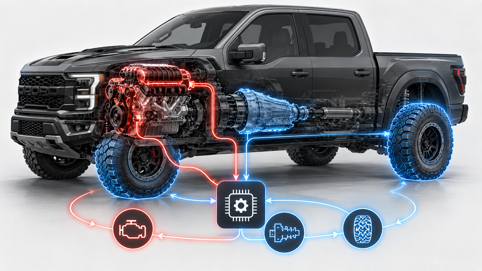 Concept illustration of a performance pickup engine, transmission and tire calibration workflow; not a specific vehicle or product