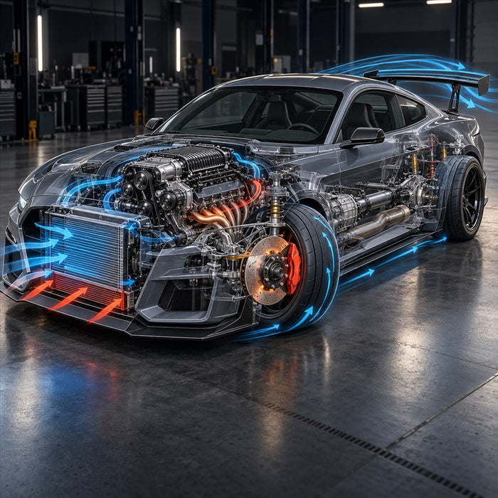 AI-generated concept showing powertrain, cooling, braking, tires and airflow; not Ford product photography.