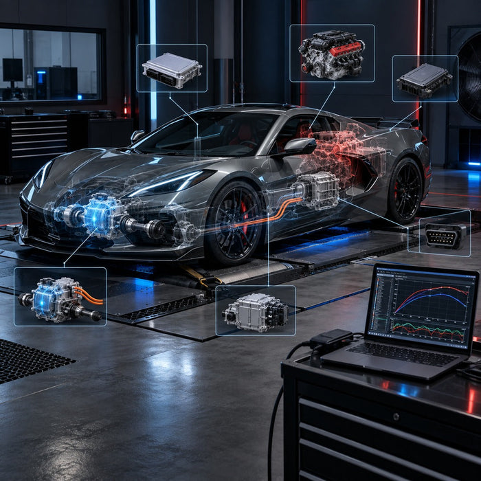 Illustrative technical visualization of a hybrid all-wheel-drive mid-engine performance car connected to professional tuning and diagnostic equipment
