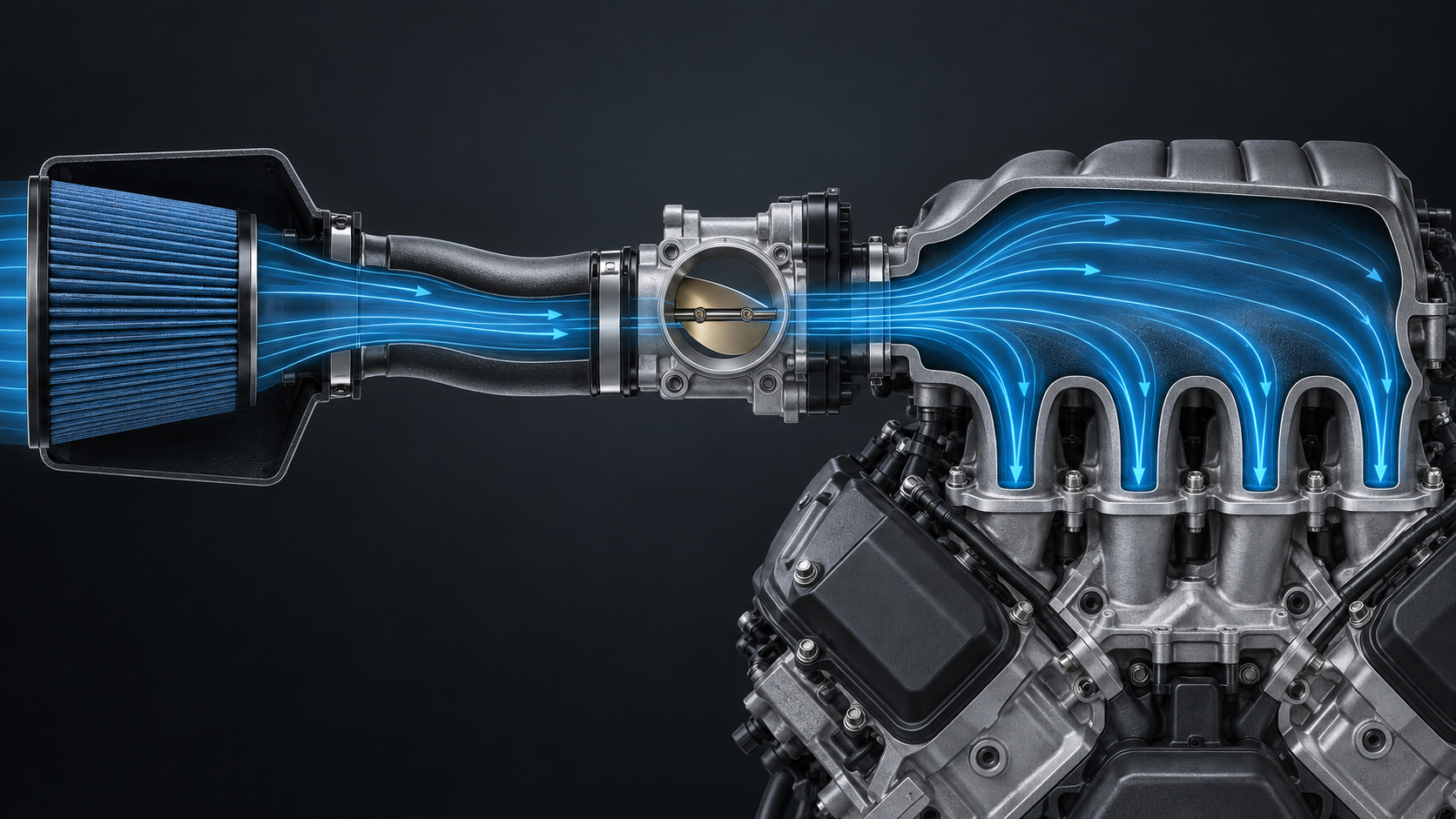 Conceptual airflow diagram showing air filter, intake tube, throttle body and V8 intake manifold as a matched system.