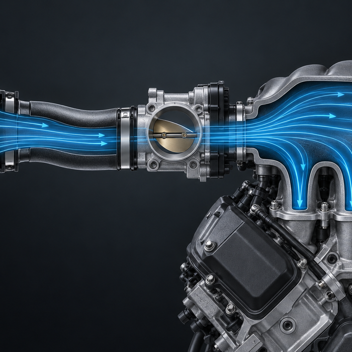Conceptual airflow diagram showing air filter, intake tube, throttle body and V8 intake manifold as a matched system.