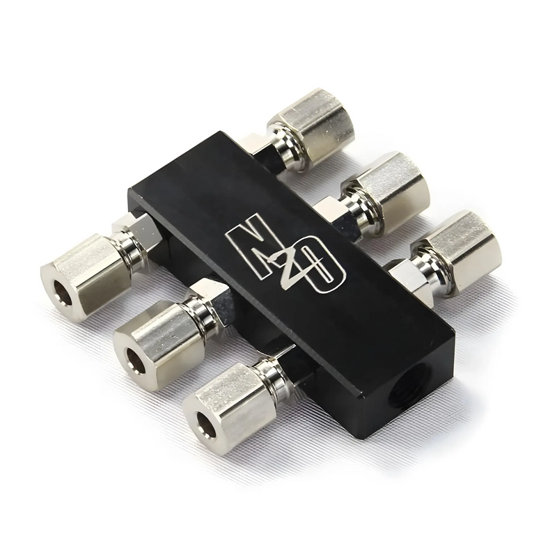 Nitrous Outlet Compact 1 In 6 Out Distribution Block with Compression Fittings - 1/8" NPT Inlet, 5/16-24" Outlets