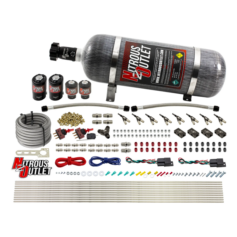 Nitrous Outlet 4 Cylinder Dual Stage Direct Port System - Two .122 Nitrous Solenoids/Two .177 Fuel Solenoids/Distribution Blocks/90 Degree Discharge Nozzles (Alcohol)(5-7-10 psi)(50-250HP)(No Bottle)