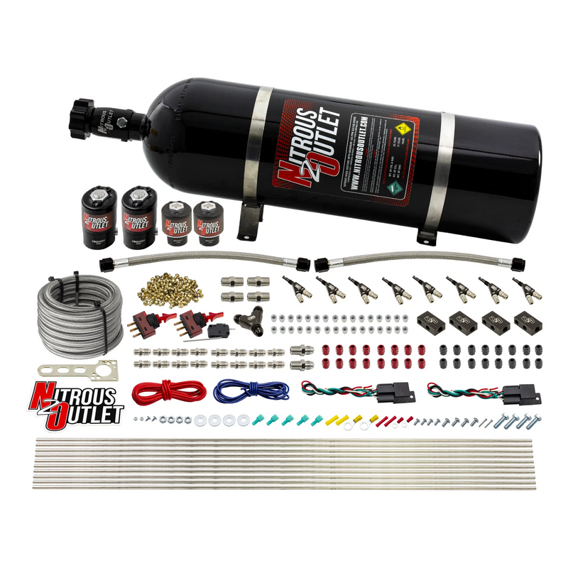 Nitrous Outlet 4 Cylinder Dual Stage Direct Port System - Two .122 Nitrous Solenoids/Two .177 Fuel Solenoids/Distribution Blocks/90 Degree Discharge Nozzles (Alcohol)(5-7-10 psi)(50-250HP)(15lb Bottle)